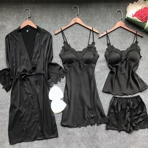 ZOOLIM 4 Pieces Women Pajamas Sets Satin Sleepwear Silk Nightwear Pyjama Spaghetti Strap Sleep Lounge Pijama with Chest Pads