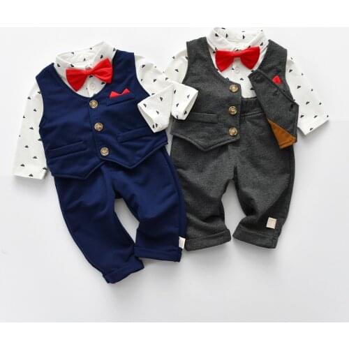 Baby Boy Clothes Set Twin Boys 1st Birthday Clothes 4Pcs Tie Gentleman Suit Long Sleeve Spring/Fall Outfits Newborn Shower Gift