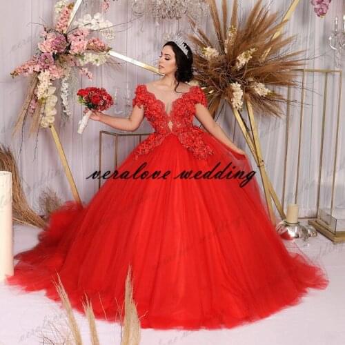 Red Ball Gown Quinceanera Dresses 2021 Scoop Neck Soft Tulle Flowers Sweet 16 Dress vestidos de 15 años vestidos de quinceanera