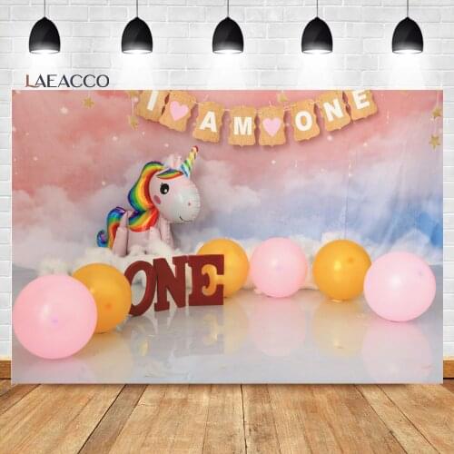 Laeacco Princess 1st Birthday Party Scene Pink Cartoon Unicorn Backgrounds Baby Customized Poster Portrait Photography Backdrops