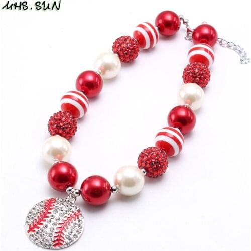 MHS.SUN Fashion Girls Cute Crystal Baseball Red/White Beads Necklace Charm Chunky Bubblegum Beaded Necklace For Kids Child Gifts