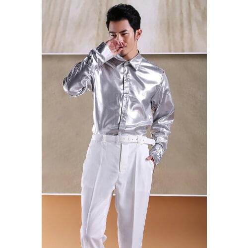 Mens stage performance silver golden yellow shiny shirt evening banquet annual meeting chorus photography studio DRESS shirt