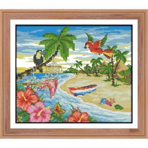 Summer beach cross stitch kit seaside landscape ecological cotton thread 14ct 11ct printing embroidery DIY home decoration paint