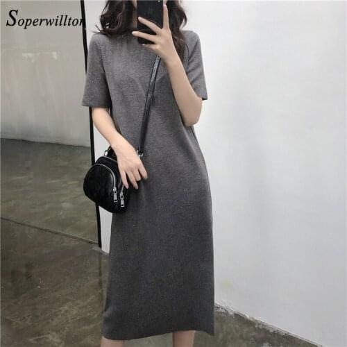 Autumn Basic Solid Tshirt Dresses for Women Grey Slim winter bottoming straight Dress Female Fashion soft cotton long Robe