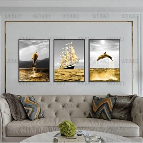 Ocean Landscape Sailing Boat Golden Ocean Life Dolphin Wall Art Canvas Posters and Prints Wall Art Picture for Living Room WEIWE