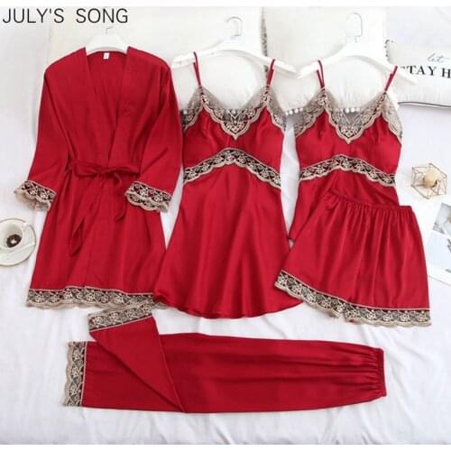 JULYS SONG 5 PCS Womens Pajamas Silk Satin Sleepwear Pajamas Set Summer Sling Shorts Lace Sexy Robe Set For Woman Loungewear