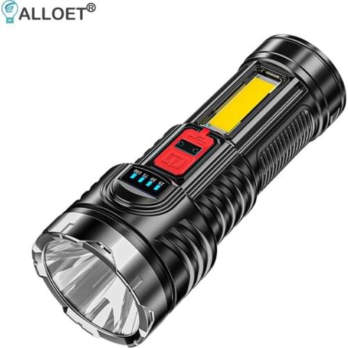 Portable LED Flashlight Power Display Built-in Battery Torch with COB Lamp Ultra Bright USB Charging Outdoor Camping Lighting