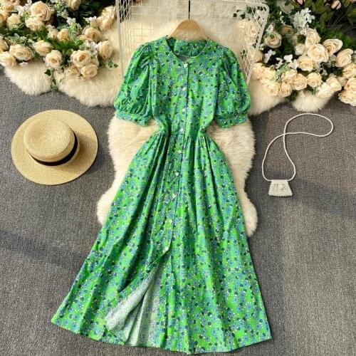 SINGREINY Women Korean Floral Dress Vintage Puff Sleeve V Neck Single Breasted A-line Dresses Summer Bohemian Print Midi Dress