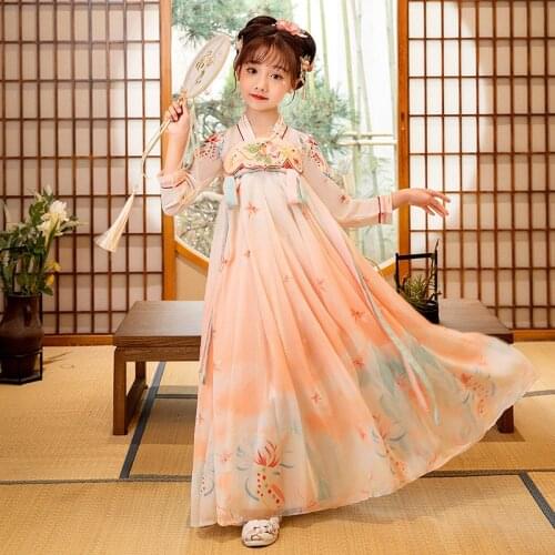 Ancient Traditional Chinese Kids Elegant Hanfu Dress Fairy Embroidery Stage Girls Flok Dance Costume Retro Tang Dynasty Hanfu