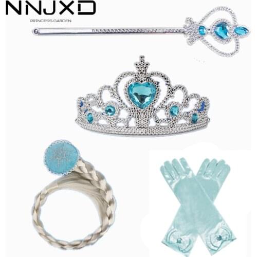 Princess Girls Kids Princess Dress Up Accessories Crown Braid Wand Wig Blue Gloves 4Pcs Sets Magic Stick