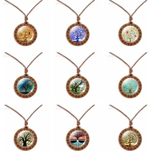 Vintage Wooden Necklace Gustav Klimt Art Tree Glass Cabochon Rope Choker Necklace Tree of Life Jewelry Christmas Birthday Gifts
