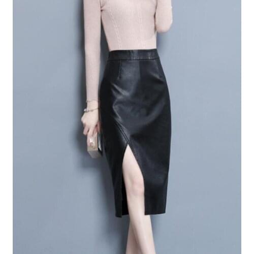 PU Faux Leather Long For Women Autumn Winter Ladies Elegant Vintage Black Sexy Bodycon Pencil Skirt Femme Plus Size 4XL