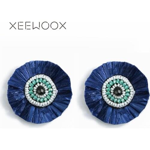 2019 New Bohemian Bead Hand Made Statement Earrings RAFFIA Semi-precious Stone Earrings For Women Round Vintage Flower Earrings