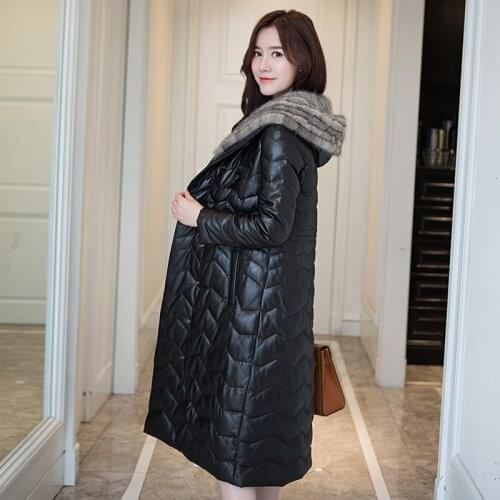 Spring New Mink Fur Collar Sheepskin Down Coat Women Luxury Real Leather Warm Hooded Long Down Jacket OL Style Outwear Plus Size