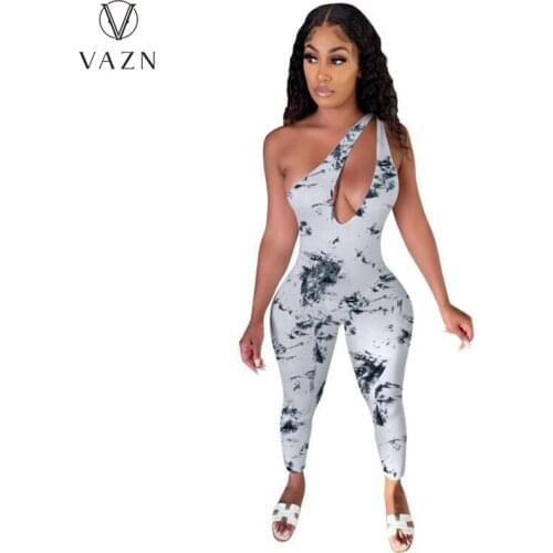 VAZN 2021 Top Sale Deep V-neck Shinny Colorful Print Sexy Lady Women Party Beach Jumpsuits Full Pant Bandage Rompers
