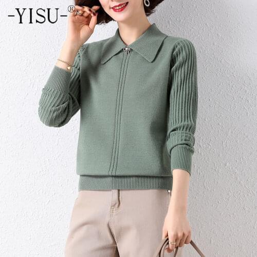 YISU New Spring Women Thin Sweater Lapel Spring tops Long sleeve Female Jumper Solid color Casual Loose Knitted pullover