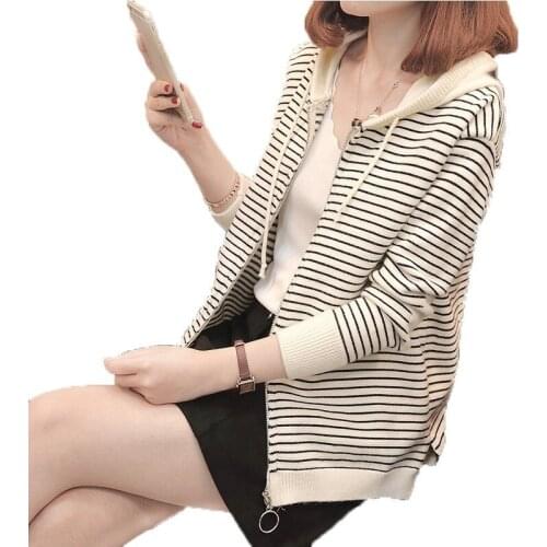 2021 Womens Autumn Cardigans Hooded Korean Style Spring Striped Sweaters Knitted Slim Female Outwear Short Style Coat Ladies