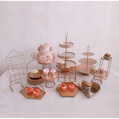 3-16pcs gold Dessert table decor cold food tea rest table set tray display rack wrought iron bird cage afternoon tea snack rack