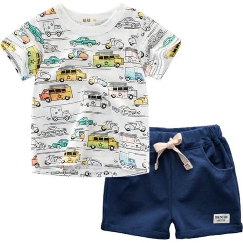 BINIDUCKLING Summer Kids Boys Outfits Cotton Car Printed Short Sleeves T-shirt Boy Clothes Casual Children Clothing Set