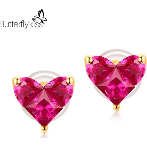 BK 14k Red Corundum Stud Earrings For Women Genuine Gold 585 Yellow Gold Lady Classical Fashion Trend Fine Jewelry Party Gifts