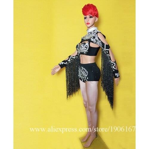 Black Rhinestone Tassel Pearl Party Bikini Suit Bar Nightclub Singer DS Dance Clothes Stage Performance DS DJ Sexy Lady Dress