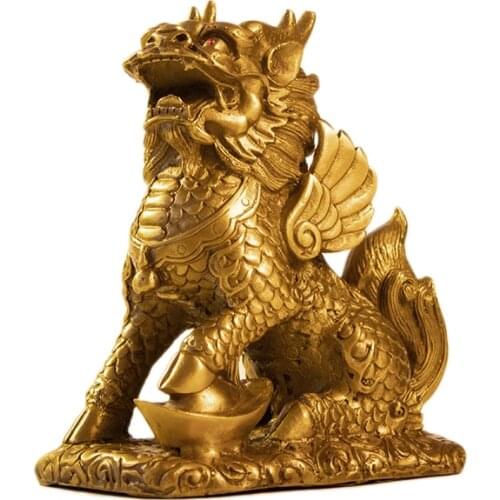 Feng Shui Golden Brass Chi Lin/Kylin Wealth Prosperity Statue Home Decoration Attract Wealth and Good Luck R173
