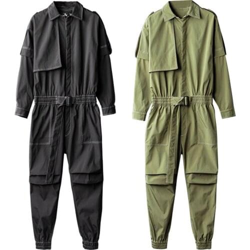 Spring Overalls Men Jumpsuit Lapel Long Sleeve Elastic Waist Beam Feet Streetwear Fashion Clothing Cargo Pants Black Trousers
