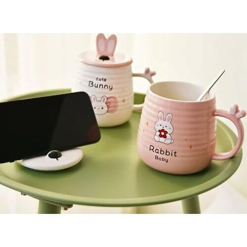 400ML Creative Cute Bunny Mug Spoon With Lid Three-Dimensional Rabbit Ears Phone Stand Personality Girl Home Milk Breakfast Cup
