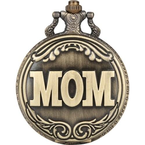 Retro Big MOM Letter Quartz Pocket Watch Necklace Pendant Chain Family Top Souvenir Gifts for Mom Mama on Mothers Birthday Day
