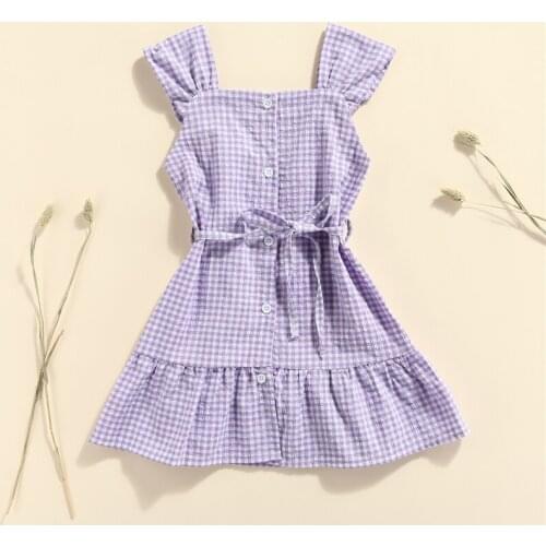 Cute Girls Plaid Tank Dress Sleeveless Ruffle Hem Button Down Belted Dress Casual Little Girl Dresses Princess Clothing