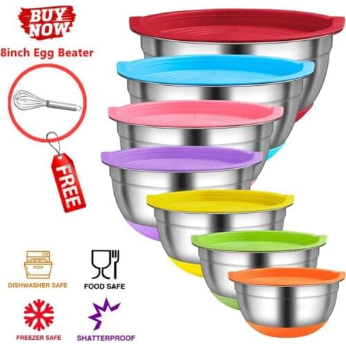 Stainless Steel Nesting Mixing Bowls with Airtight Lids Kitchen Food Salad Bowls Set Non-slip Silicone Bottom Whisking Bowls Set