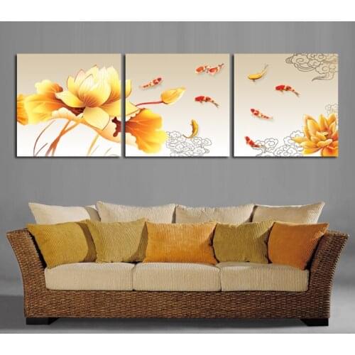 3 Panel Golden lotus nine fish Painting print on canvas wedding decoration Modular wall Picture for living room no framed