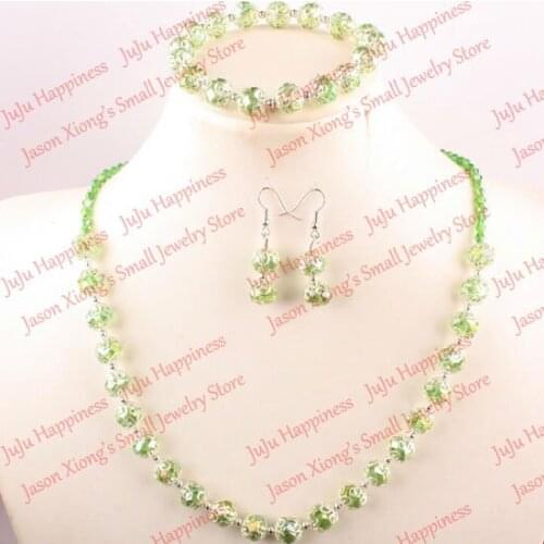One set Handmade Green AB Crystal Glass Beads Jewelry Set Necklace,Earring and Bracelet 282