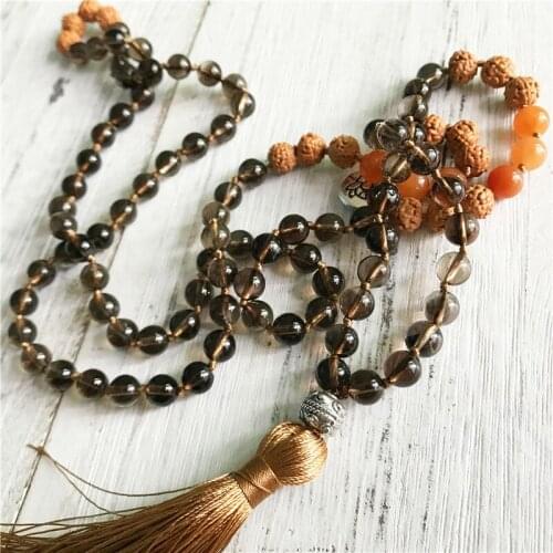 Hand Knotted 108 Mala Beads Necklace Natural Smoky Quartzs Necklace Rudraksha Tassel Necklaces Meditation Jewelry