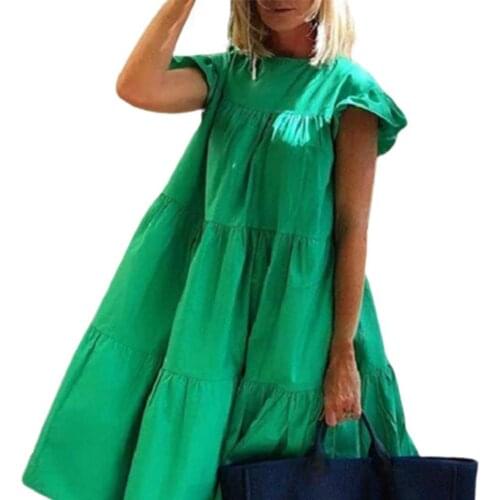 Midi Dress summer dress Stylish 4 Colors O Neck Short Sleeve solid color robe femme Large Hem A Line Dress Women Dress 2XL