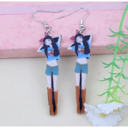 1 pair gentle girls red angel rabbit fairy printing drop earrings wings acrylic new 2014 design cute for girls woman jewelry