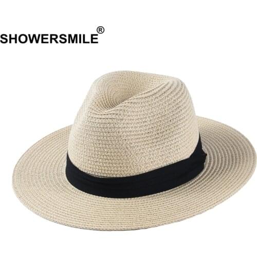 SHOWERSMILE Panama Hat Men Classic Straw Jazz Hat Women Beige Outdoor Casual Hawaiian Ribbon Sun Protection Summer Hat Unisex