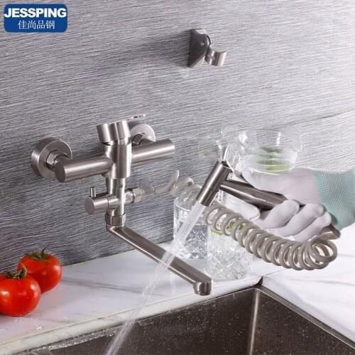 304 stainless steel wall mounted hot and cold water kitchen mixer faucet has water sprayer