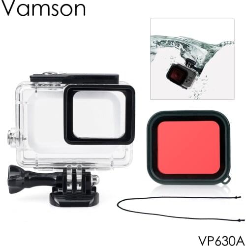 Vamson for GoPro Hero 7 Black 6 5 Waterproof Case & base Mount Protective Red Filter 45m Deep Diving Protective Cover for Gopro