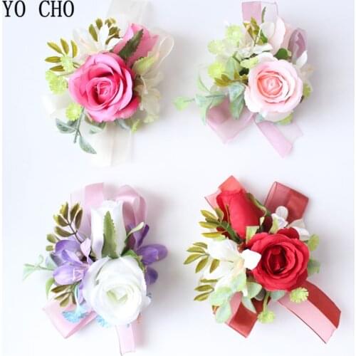 YO CHO Wedding Corsage Groom Boutonniere Artificial Silk Rose Wrist Corsage Flowers Bracelet Bridal Prom Party Meeting Decor