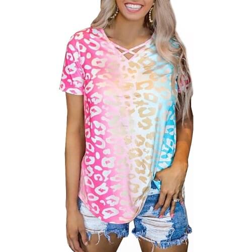 2021 New Summer Women T-shirt Rainbow Gradient Color V-neck Shirt Short Sleeve T-shirt Fashion Casual Womens Top