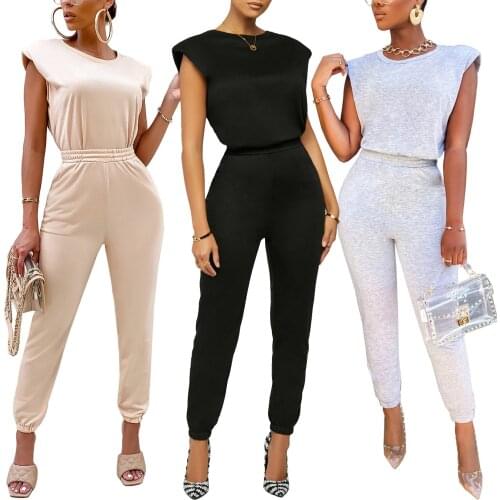 Sporty Style Womens Clothing Fashion Temperament Pure Color Shoulder Pads Sleeveless Home T Shirt Trousers Tight Two Piece Suit