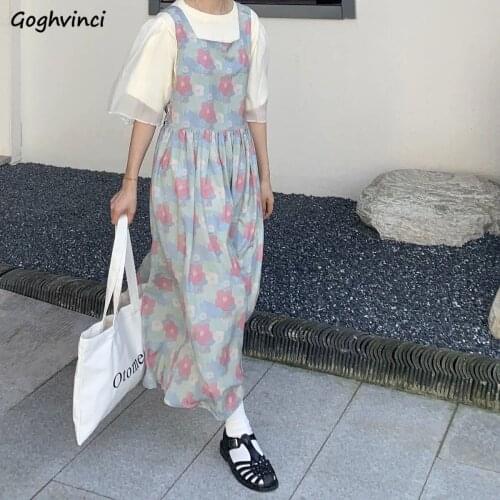 Women Sets Sweet Short Sleeve O-neck Spliced Tops Kawaii Printed Loose Lace Up Ankle-length Strap Dress Girls All-match Leisure