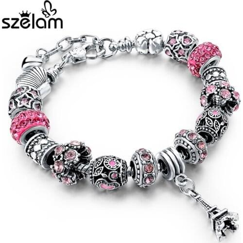 Szelam 2019 Pink Beads Women Bracelet Silver Plated Charm Bracelets Bangles Vintage Handmade Jewelry Pulseras Sbr150309