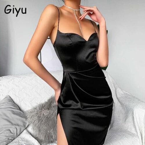 Giyu Night Club Party Dress Women Sexy Satin Spaghetti Strap Ruched Split Dresses Autumn V Neck Elegant Female Vestidos Black