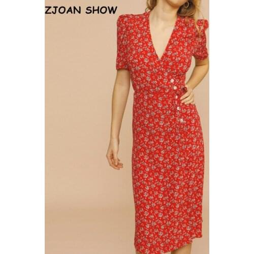 2021 Retro V neck Front Slit Flower Wrap Dress Woman Tie Bow Lace up Waist Short Sleeve Below Knee Tea Dresses Holiday Robe