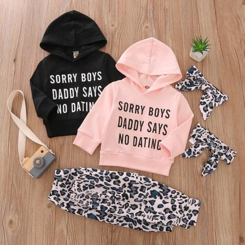3 Pieces Baby Girls Suit Set Letter Print Long Sleeve Hooded Top Leopard Print Trousers Headband Infant Baby Girls Outfits 0-24M