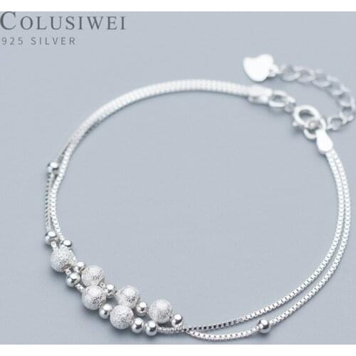 COLUSIWEI Real 925 Sterling Silver Double Layer Frosted Small Ball Bracelet for Women Fashion Link Chain Bracelet Fine Jewelry