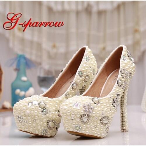 Ivory Pearl Rhinestone Shoes Woman Platform High Heels 2018 Custmoized Wedding Party Shoes True Size Genuine Leather Pumps