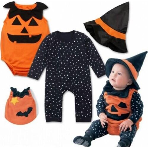 Infant Kids Halloween Costume Child Cosplay Pumpkin Romper Toddler Outfits Bat Newborn Baby Costume Striped Bodysuit 3Pcs Sets